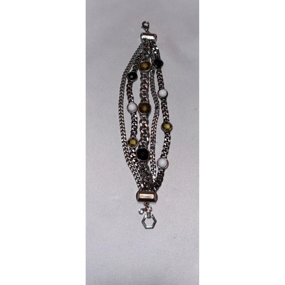 Juicy Couture Multi Strand Chain Bracelet Silver Tone Amber White Black Stones